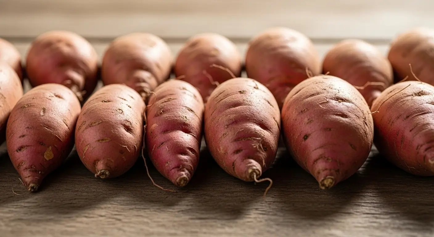 Close-up of multiple sweet potatoes arranged on a rough wooden surface, showing variations in size, shape, and skin texture with visible soil residue and natural lighting.